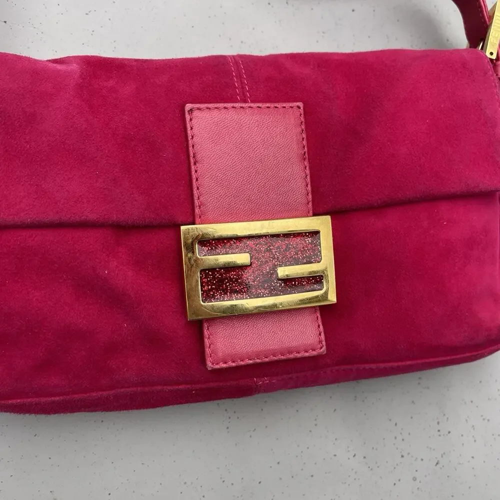 FENDI Mamma Baguette Pink Suede Gold Glitter Flap Shoulder Bag Purse - Picture 3 of 16